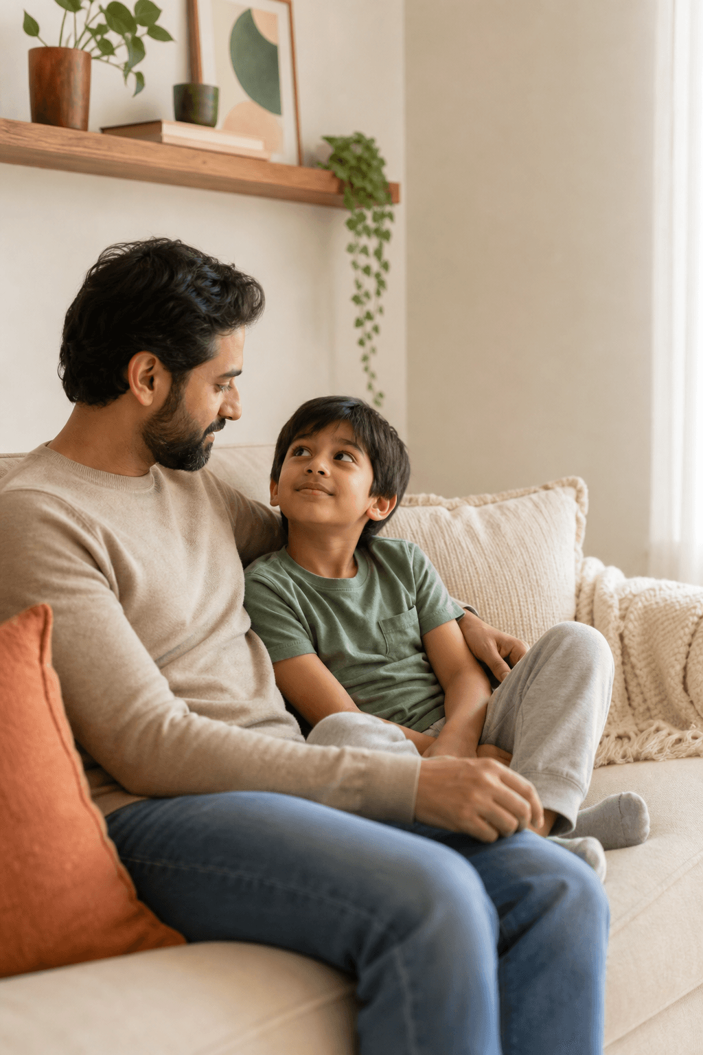 Parent and child having a calm, warm conversation at home
