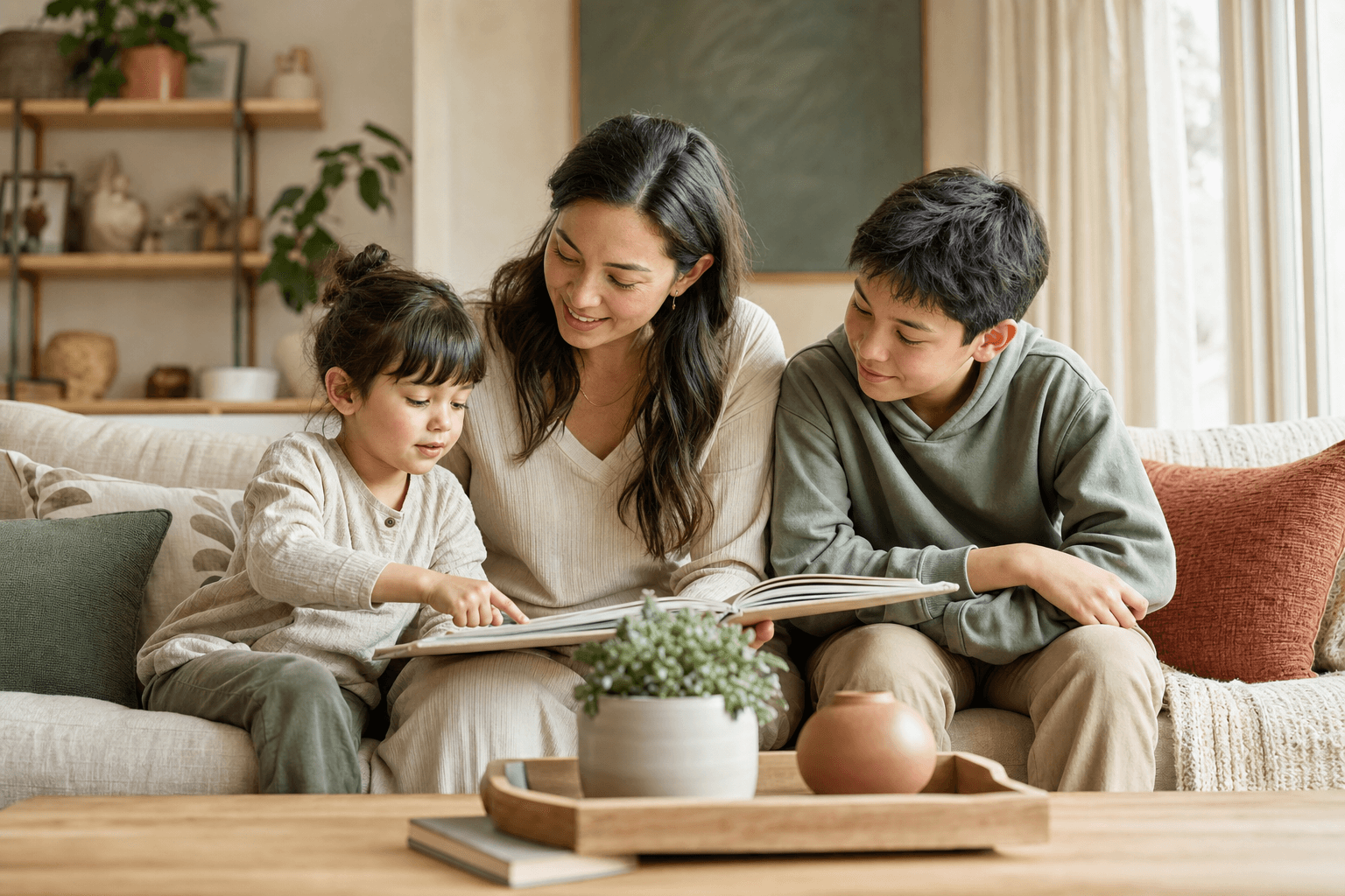 Parent connecting with children of different ages at home