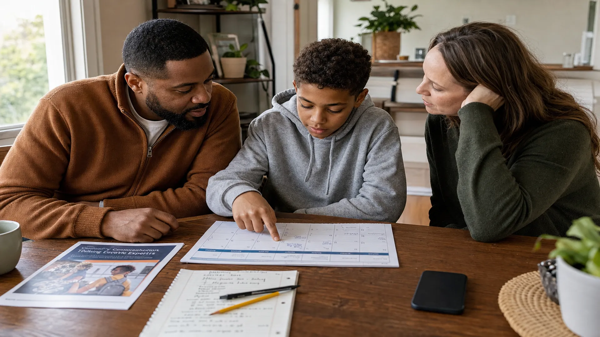 A father, stepmother, and tween compare a paper family calendar and school flyer beside a face-down phone