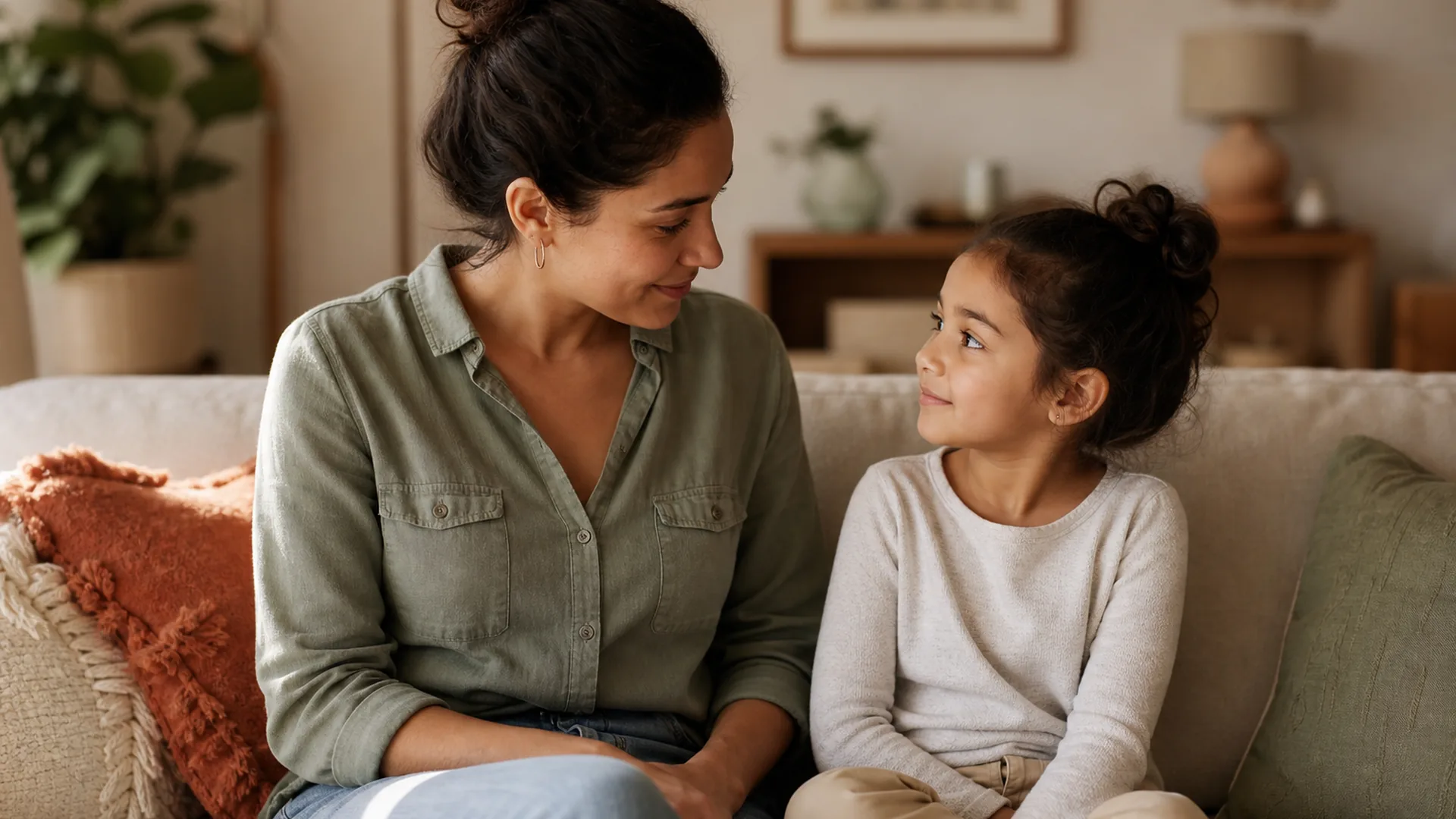 Parent and child sitting side by side in a calm home moment after reconnecting.