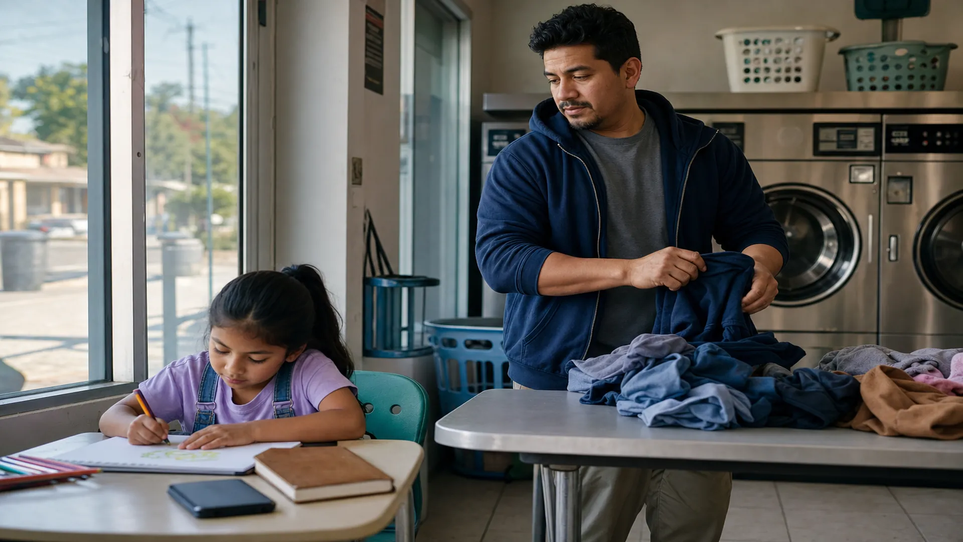 Father pausing beside his daughter at a laundromat with a phone face down nearby