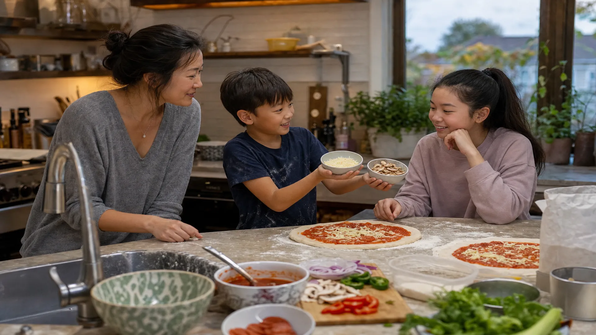 Mother, young son, and teenage daughter choosing pizza toppings together in the kitchen
