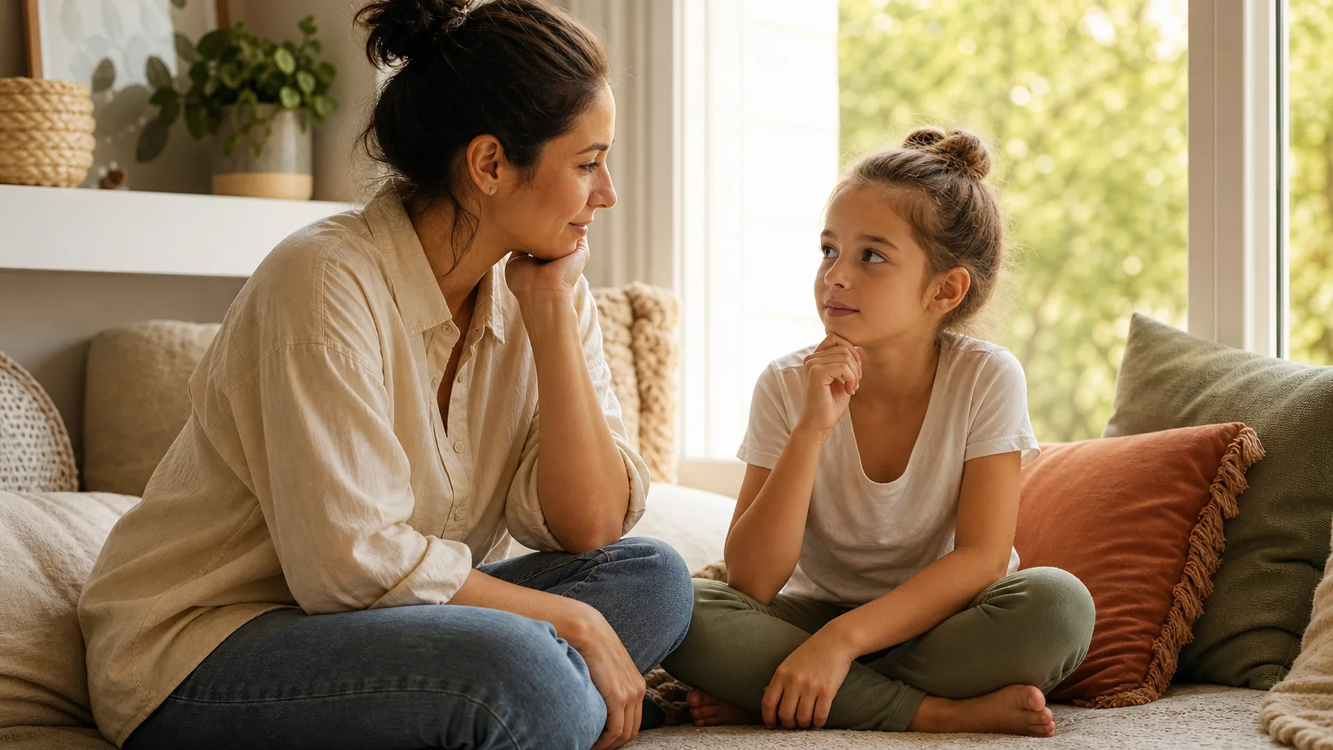 Parent and child sitting side by side at home in a calm, low-pressure conversation.