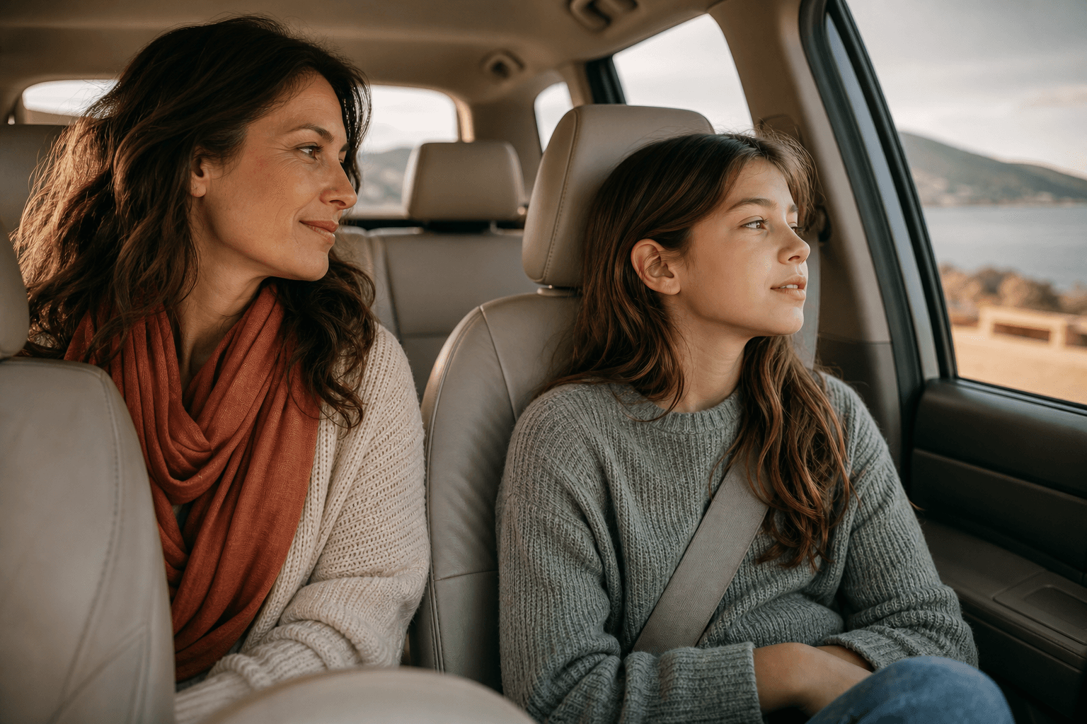 Parent and child sharing a calm, low-pressure moment side by side in the car.