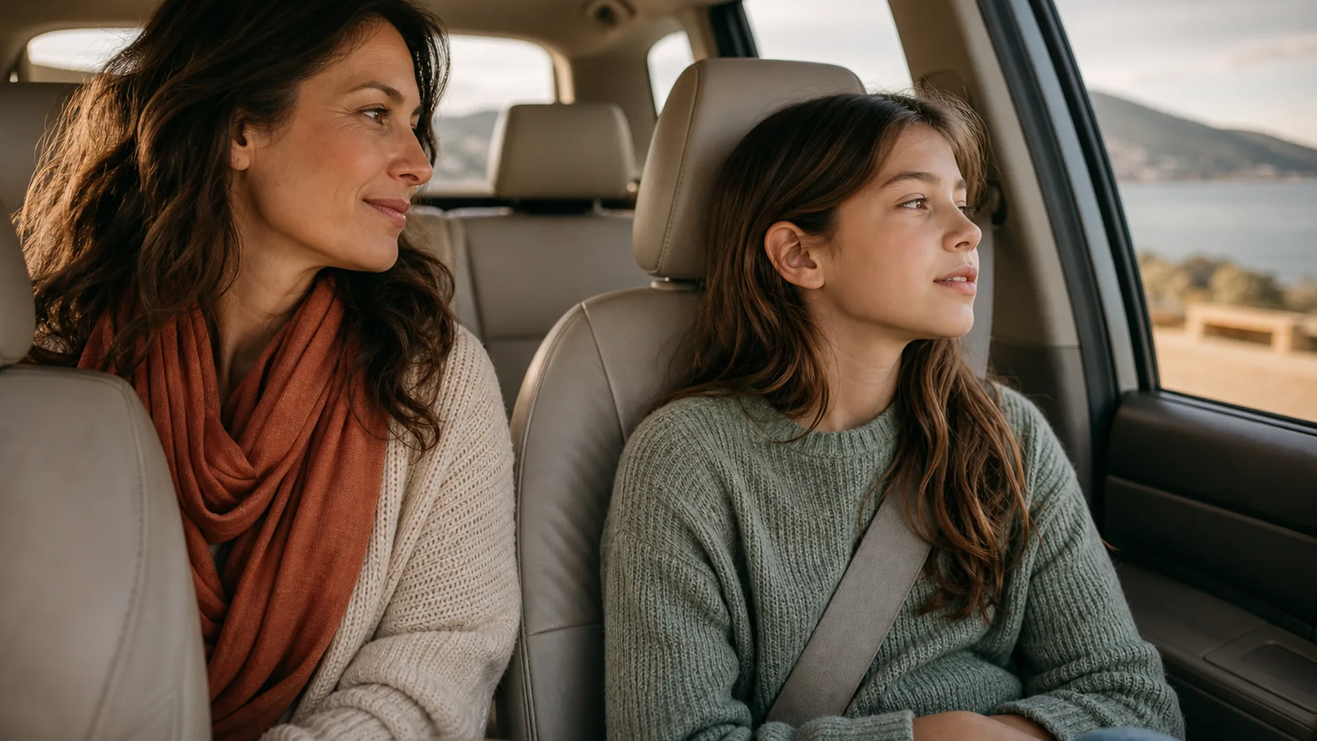 Parent and child sharing a calm, low-pressure moment side by side in the car.