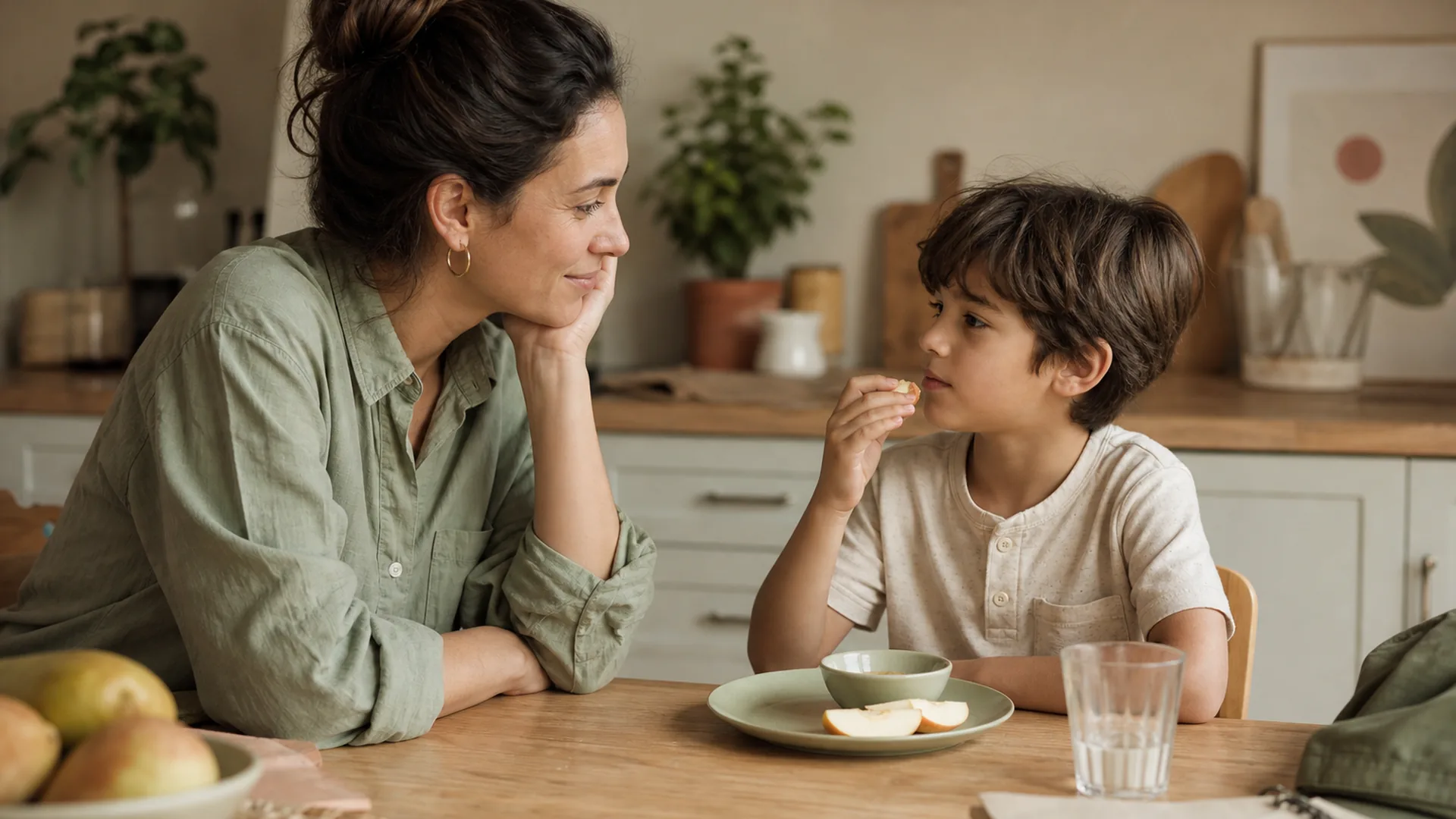 Parent sitting with a child after school in a calm kitchen moment, listening gently while the child has a snack.