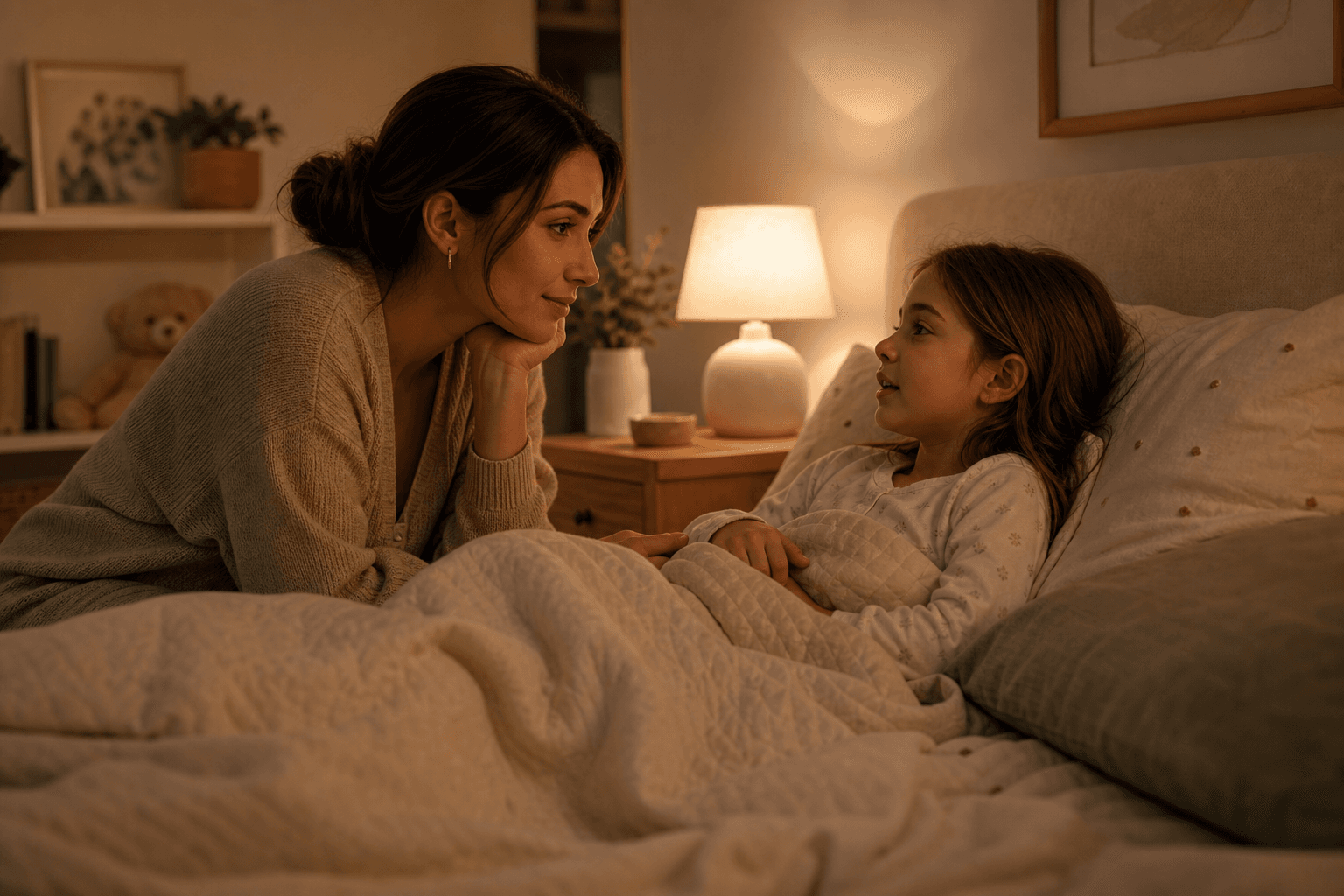 Parent sitting beside a child at bedtime in a calm room, listening gently before sleep.