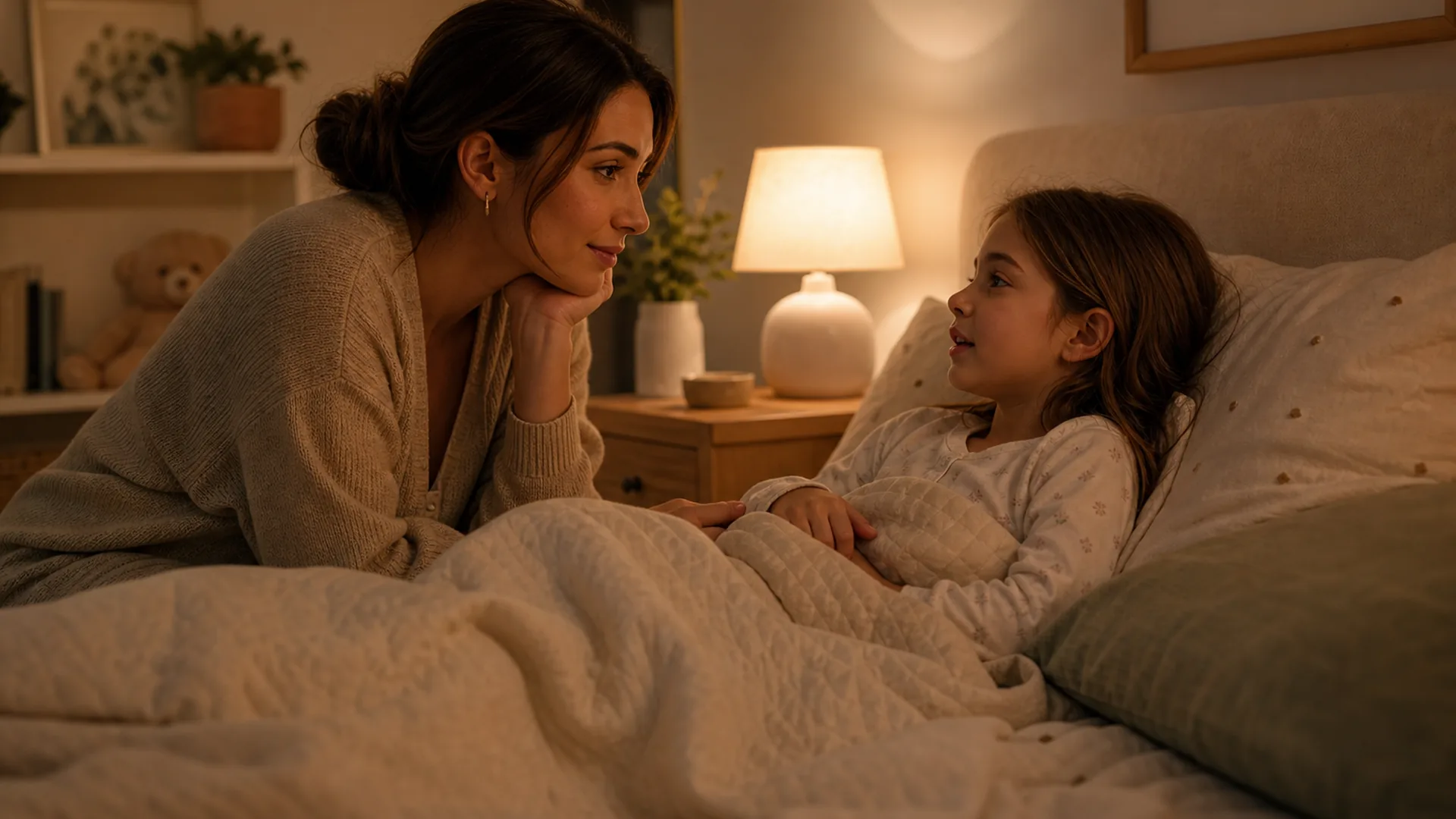 Parent sitting beside a child at bedtime in a calm room, listening gently before sleep.