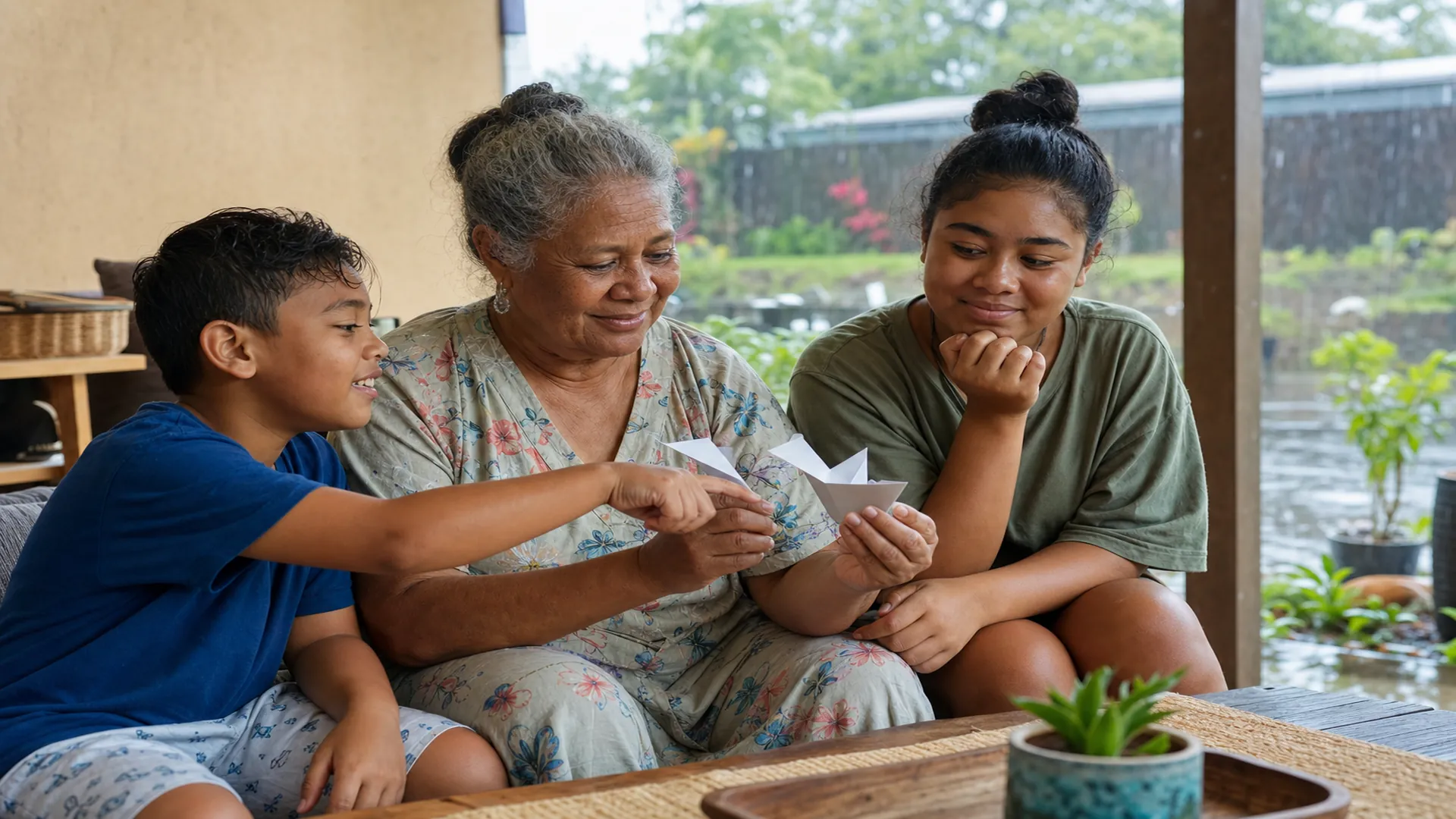 Grandmother and two grandchildren choosing between an origami airplane and boat on a rainy patio