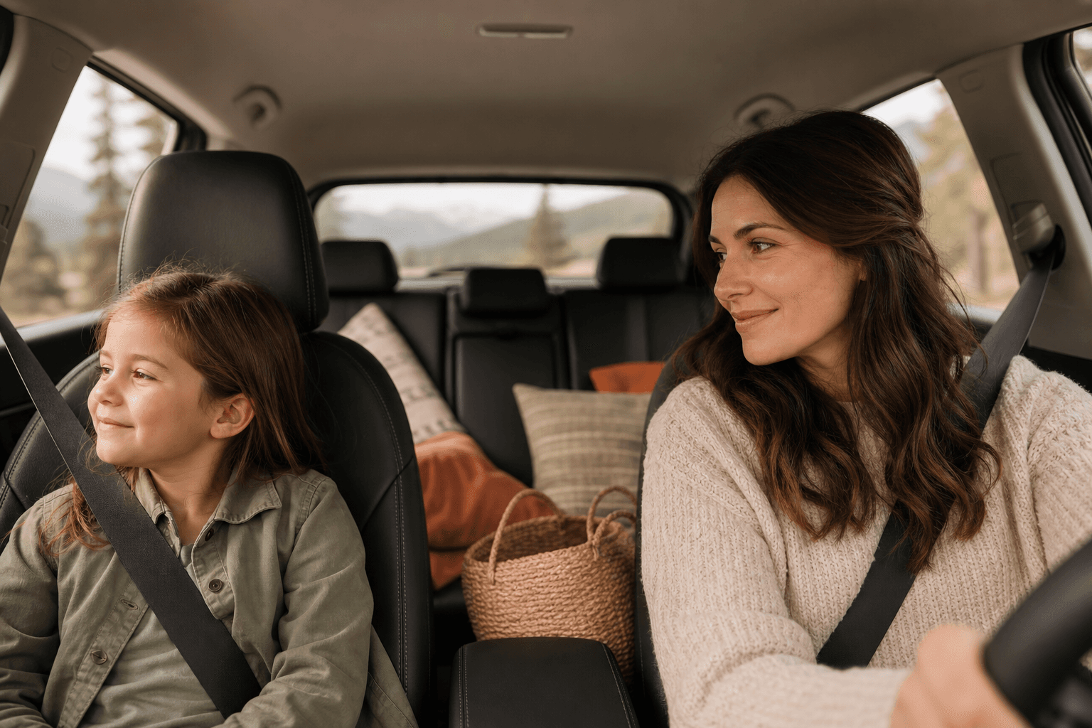 Parent and child sharing a calm, low-pressure car ride conversation.