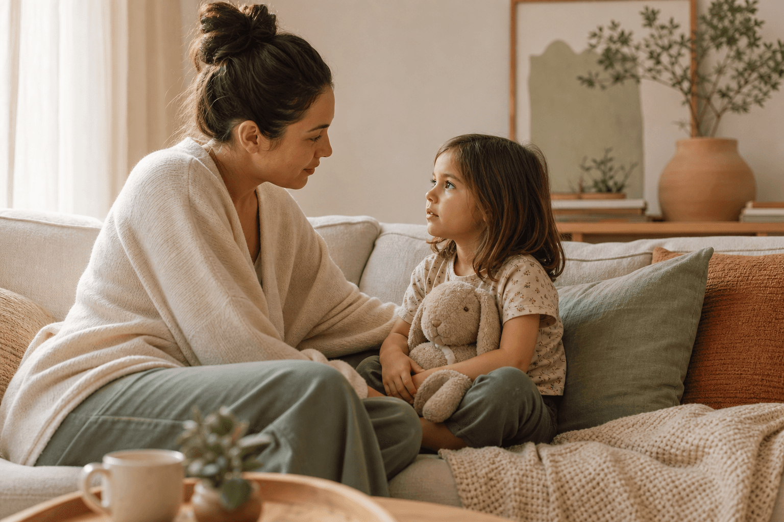Parent sitting calmly with a child working through a big feeling
