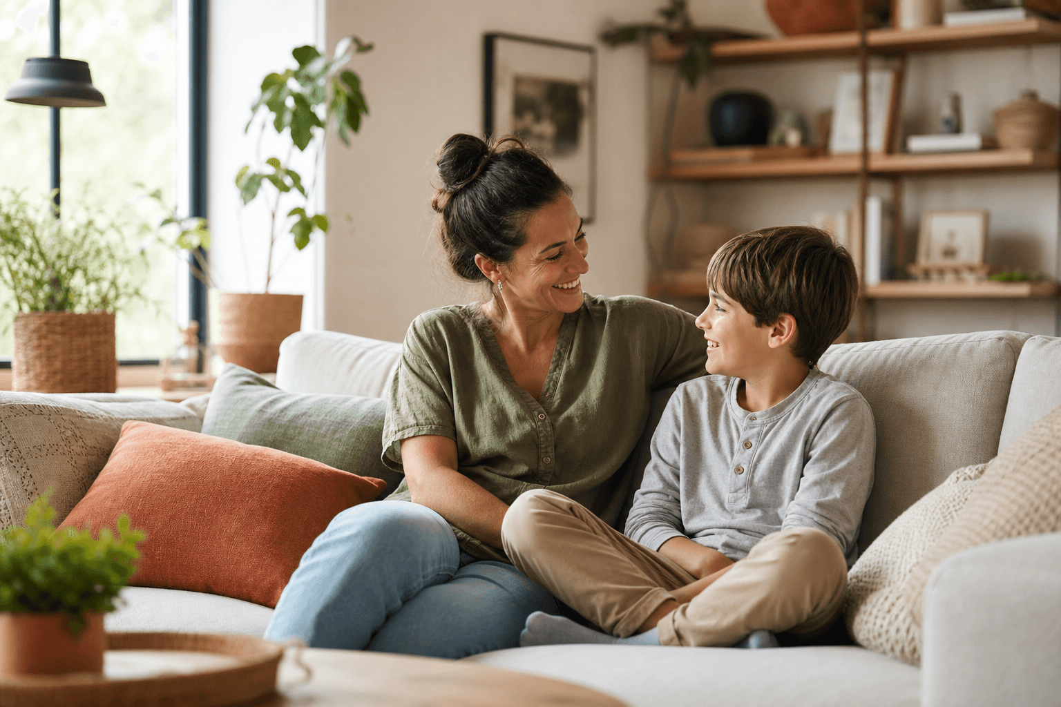 Parent and child sharing a warm, unhurried conversation together