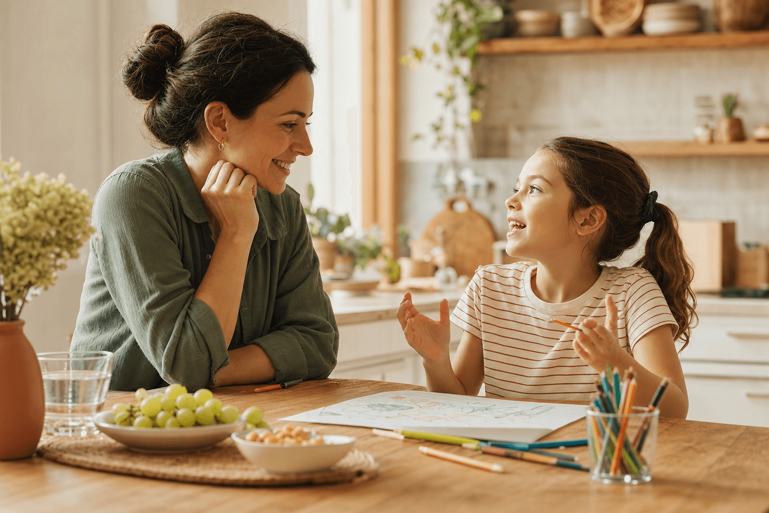 Parent and elementary-age child chatting over a snack and drawing
