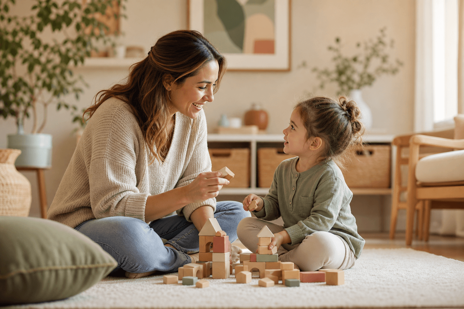 Parent talking with a preschooler during calm floor play