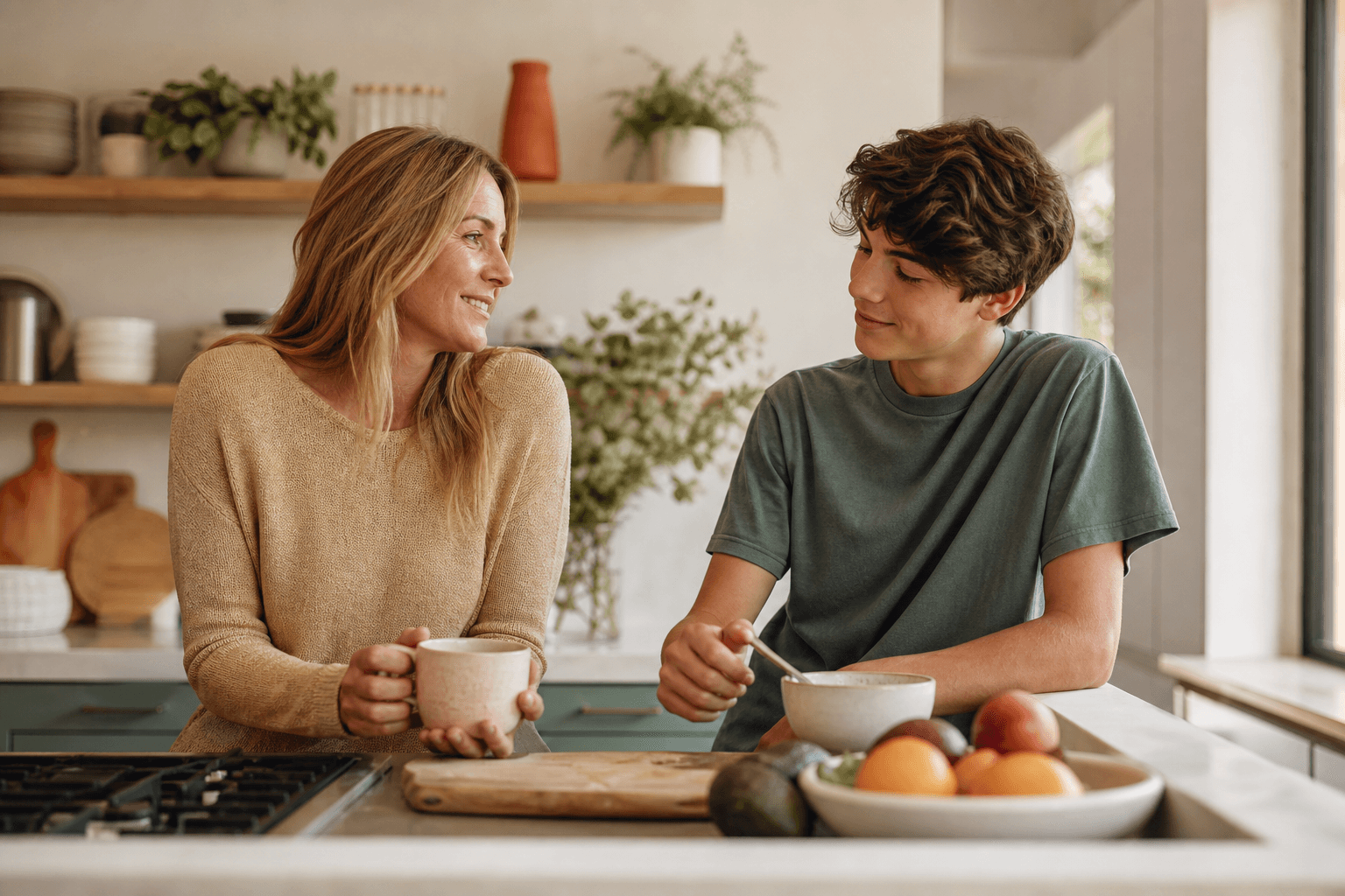 Parent and teenager talking casually while making food together
