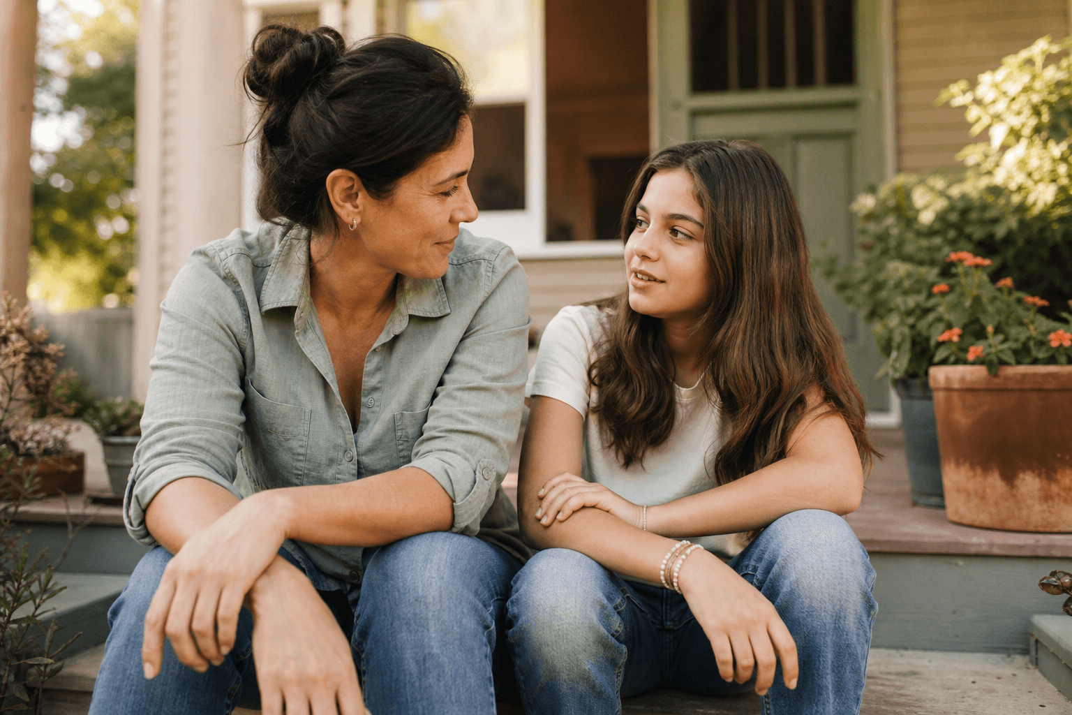 Parent and tween talking side by side on the porch steps