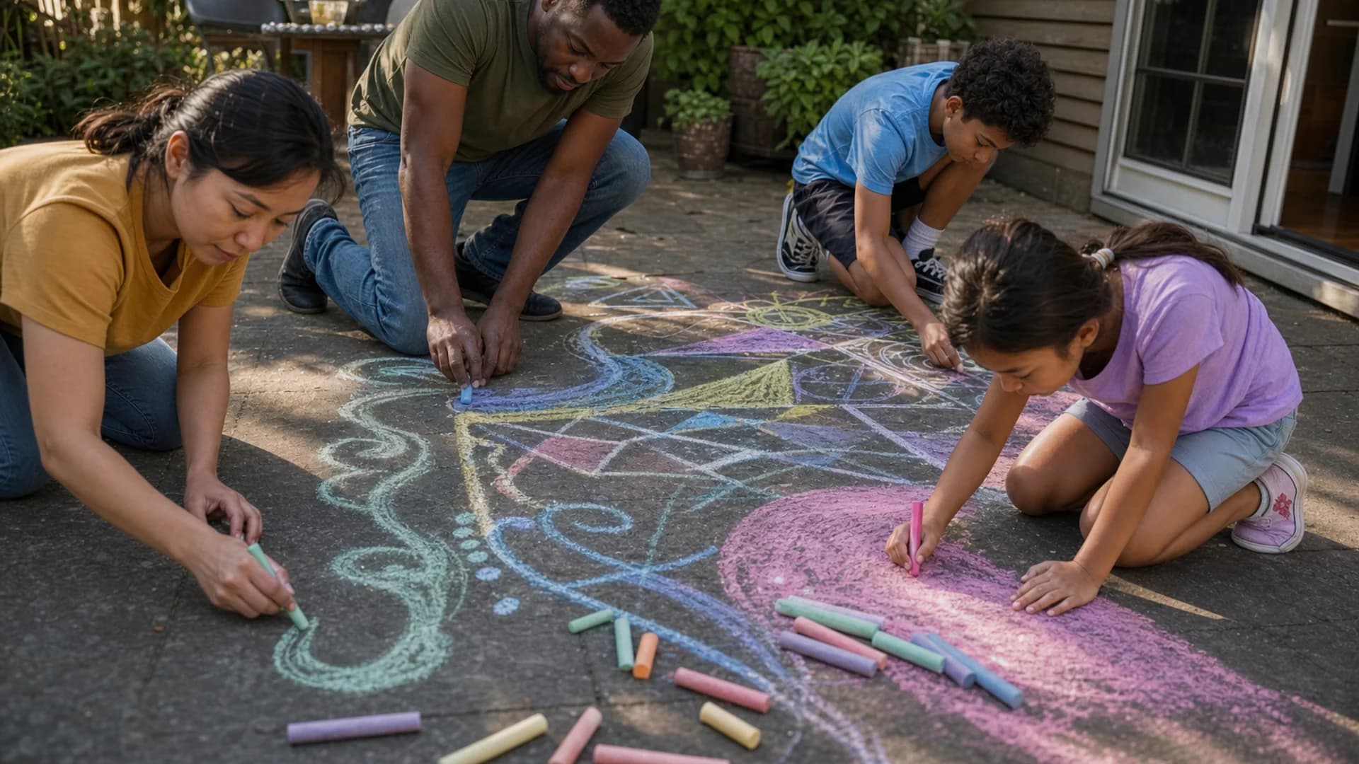 Blended family creating a colorful chalk mural together on a backyard patio