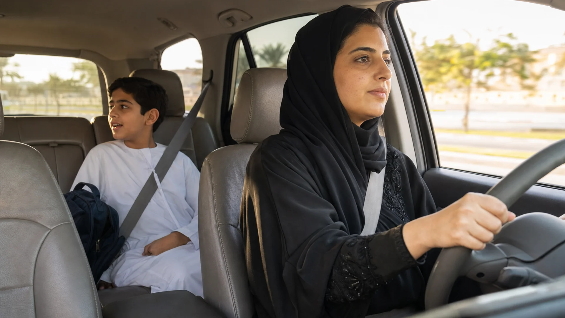 Mother listening while her tween son talks from the back seat during a safe school pickup drive