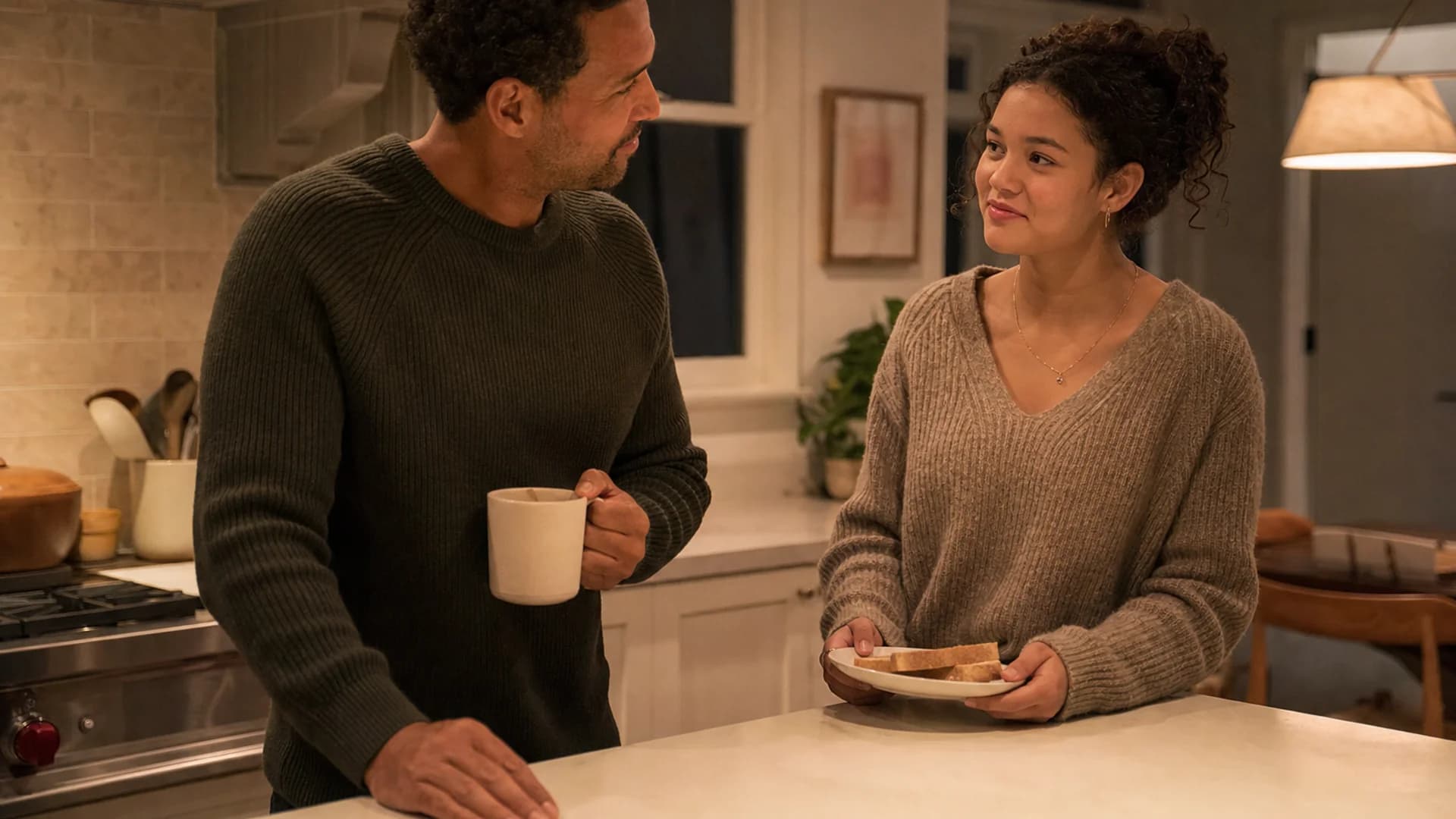 Father and teenage daughter talking while preparing an evening snack together