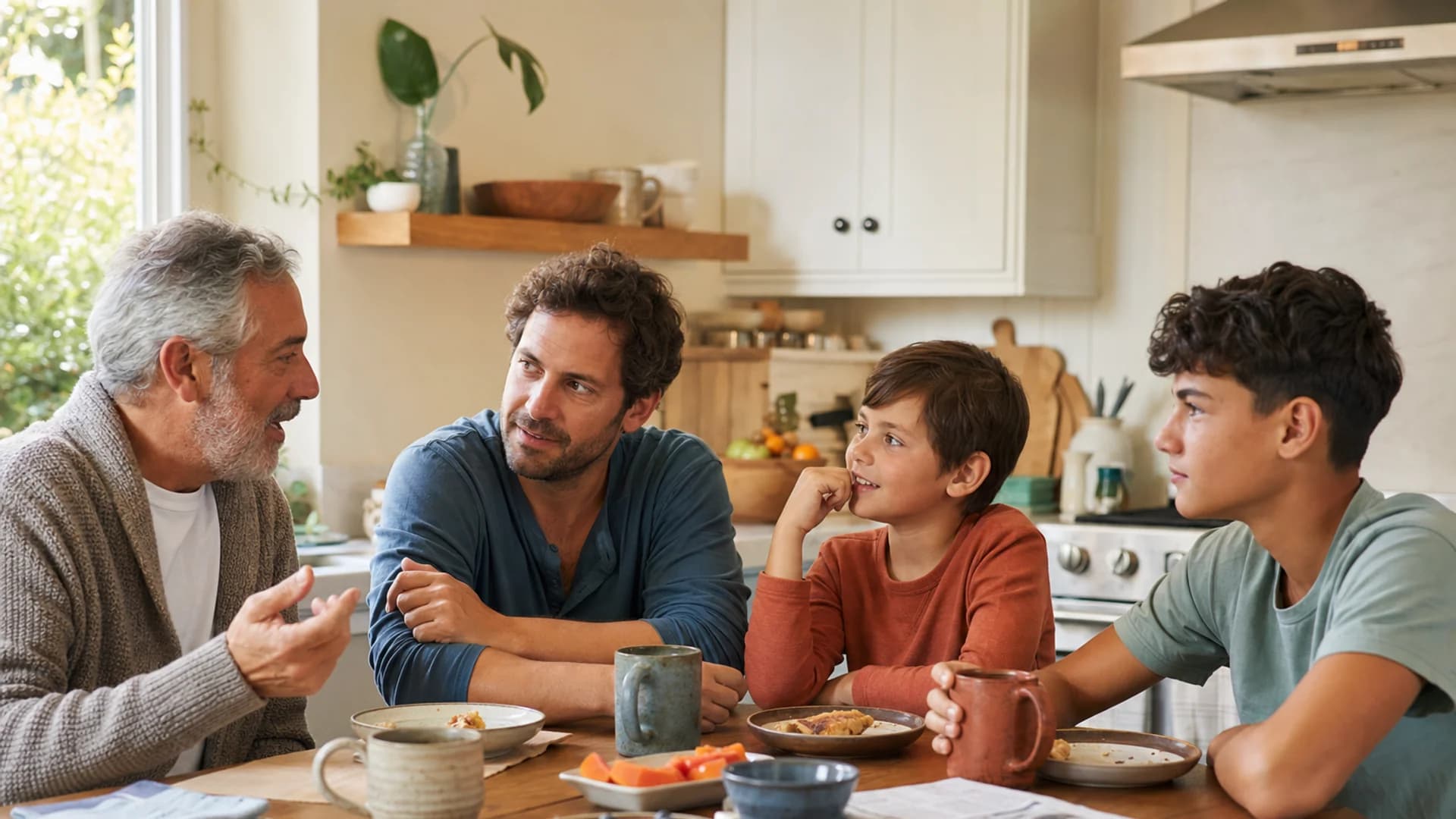 Multigenerational family sharing a relaxed conversation during breakfast