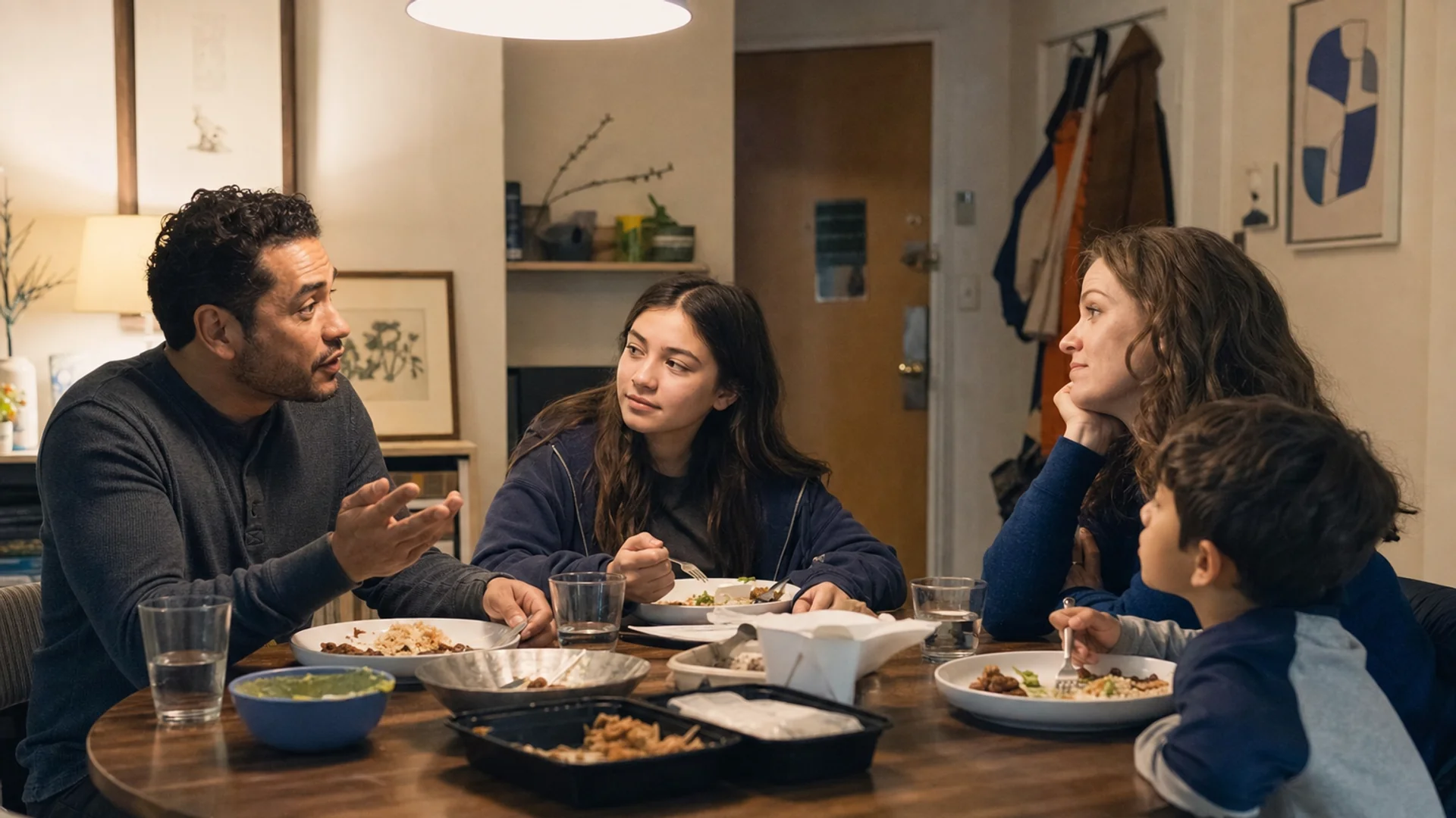 Family talking over a casual weeknight takeout dinner