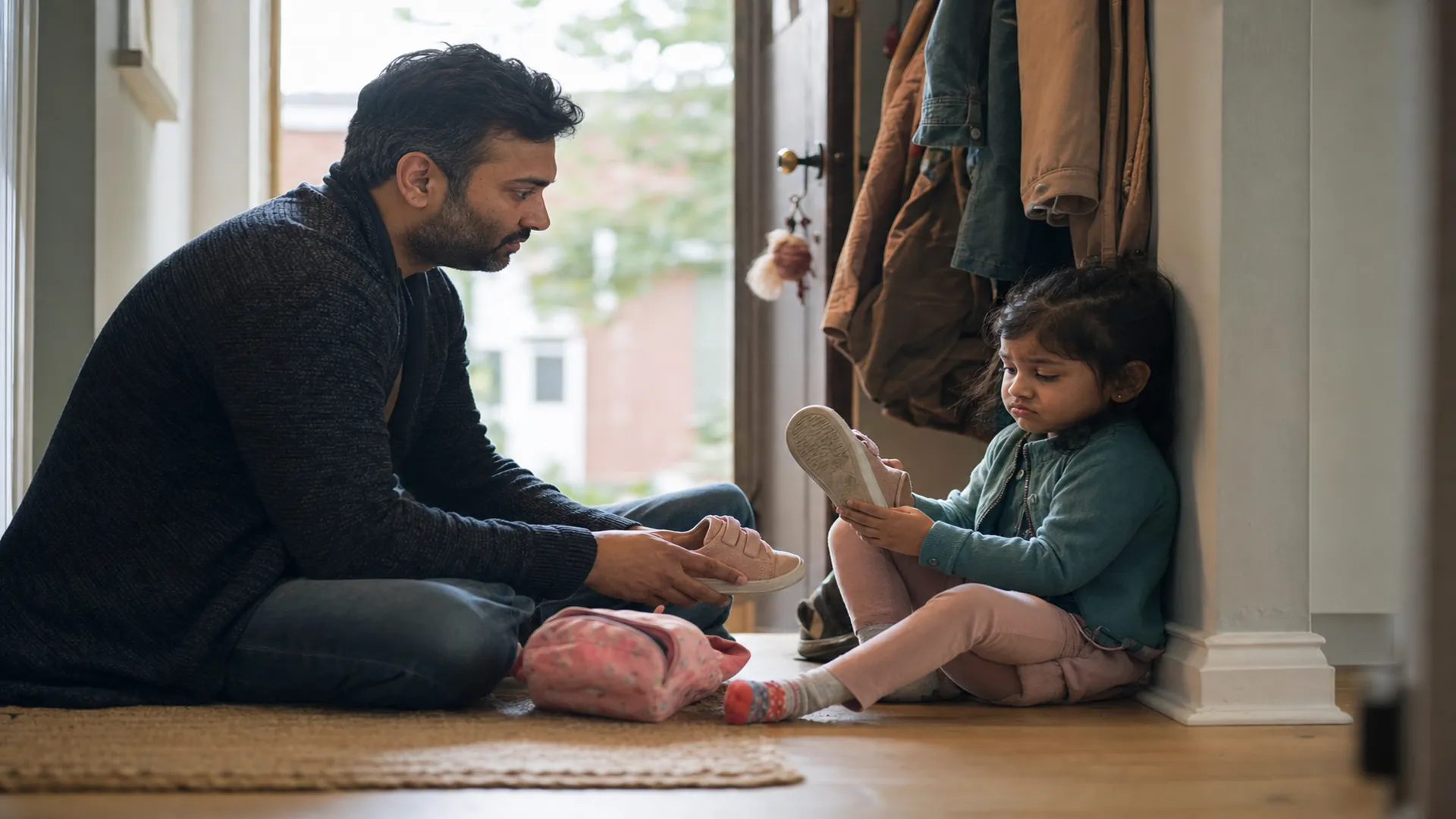 A father calmly holding a boundary with his upset preschooler while they get ready to leave home