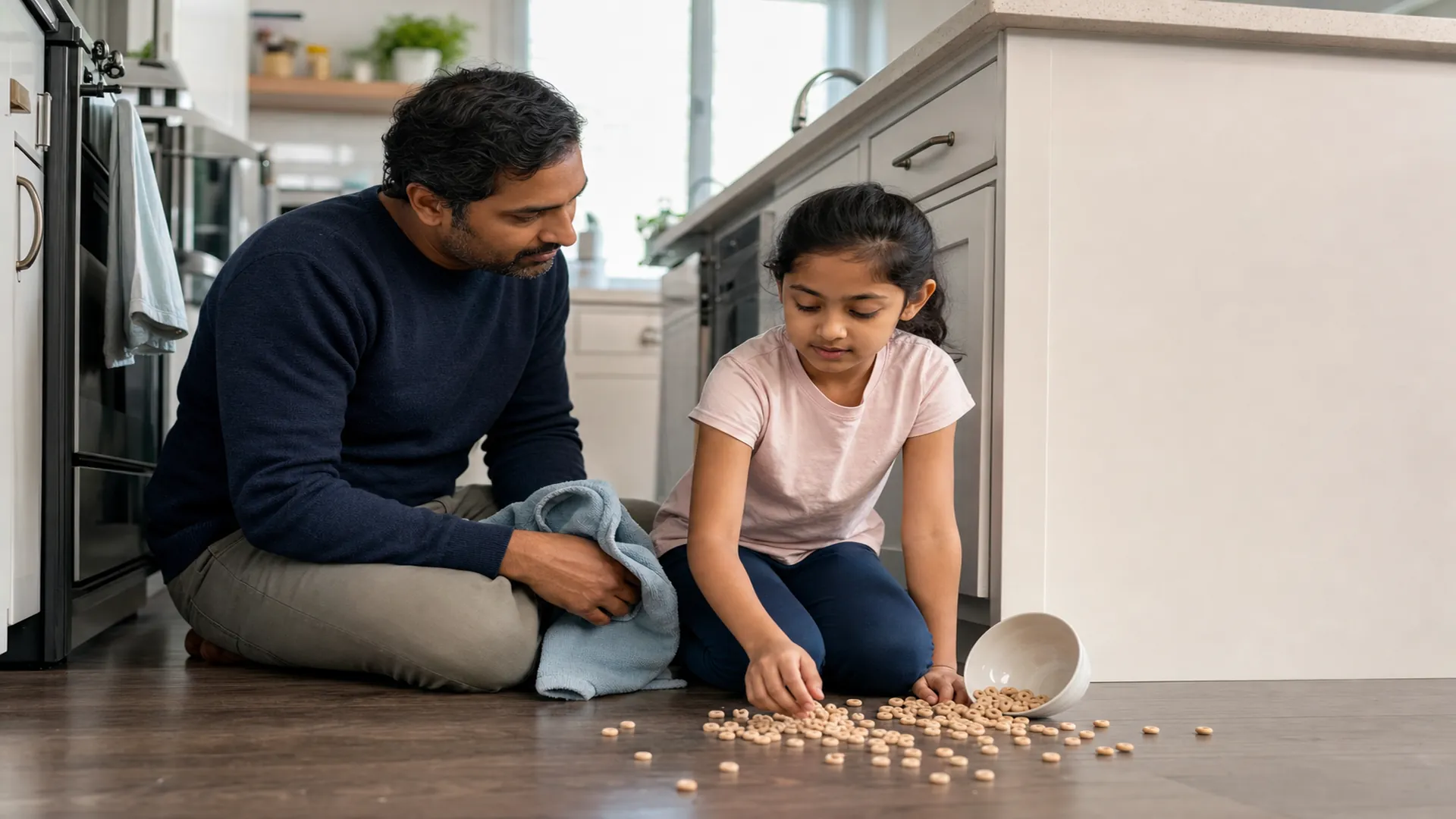 Father and daughter calmly cleaning up spilled cereal together after a difficult parenting moment