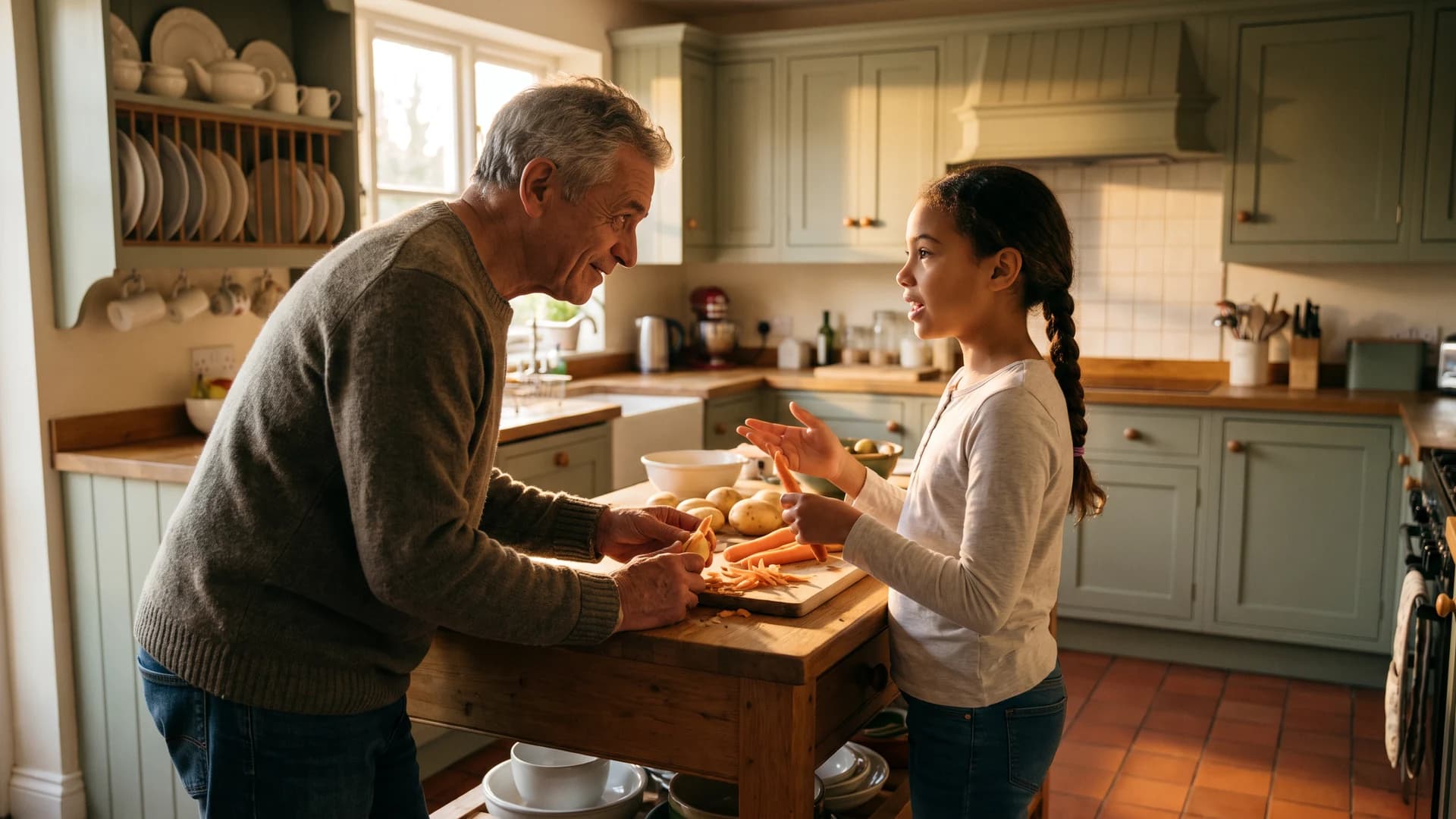 A grandfather and his preteen granddaughter preparing dinner together during a relaxed conversation in their kitchen.
