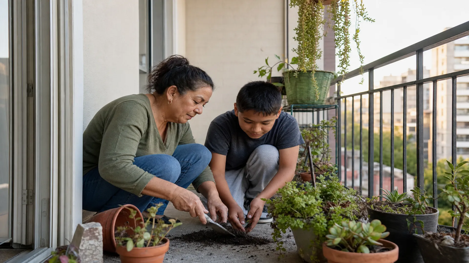 Grandmother calmly showing her tween grandson how to clean up spilled soil from a balcony garden pot