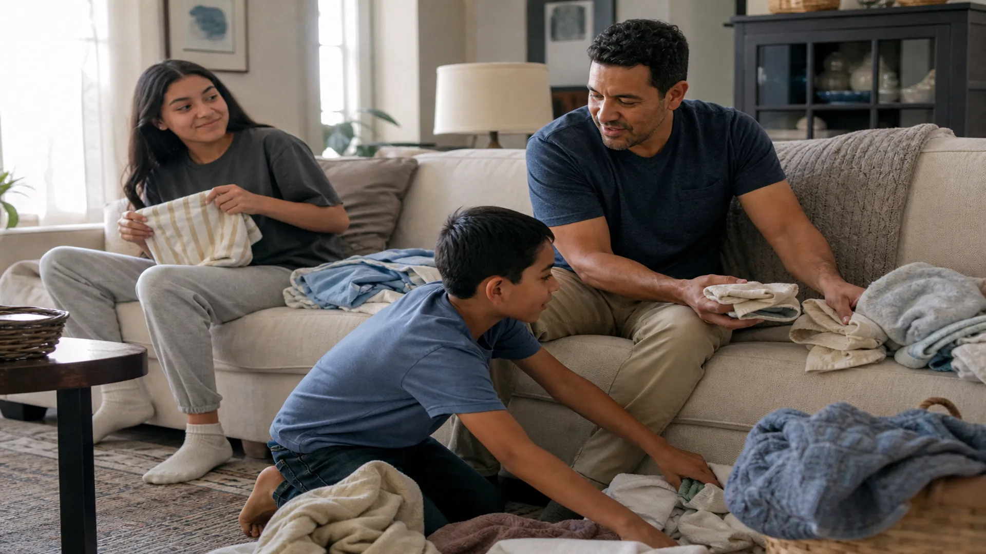 Father, son, and teenage daughter folding laundry together at home