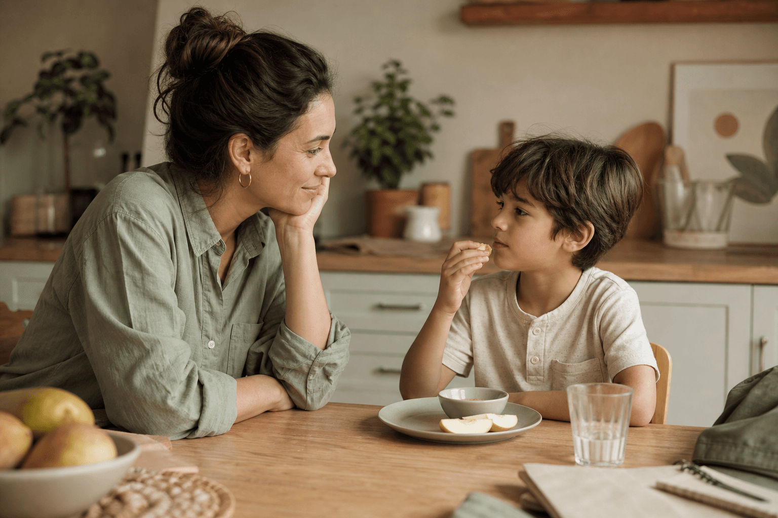 Parent sitting with a child after school in a calm kitchen moment, listening gently while the child has a snack.