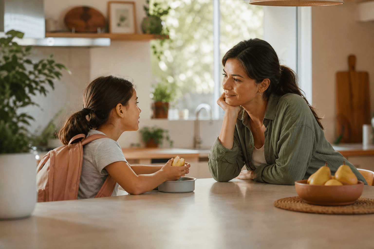 Parent listening to a child during a calm after-school moment.