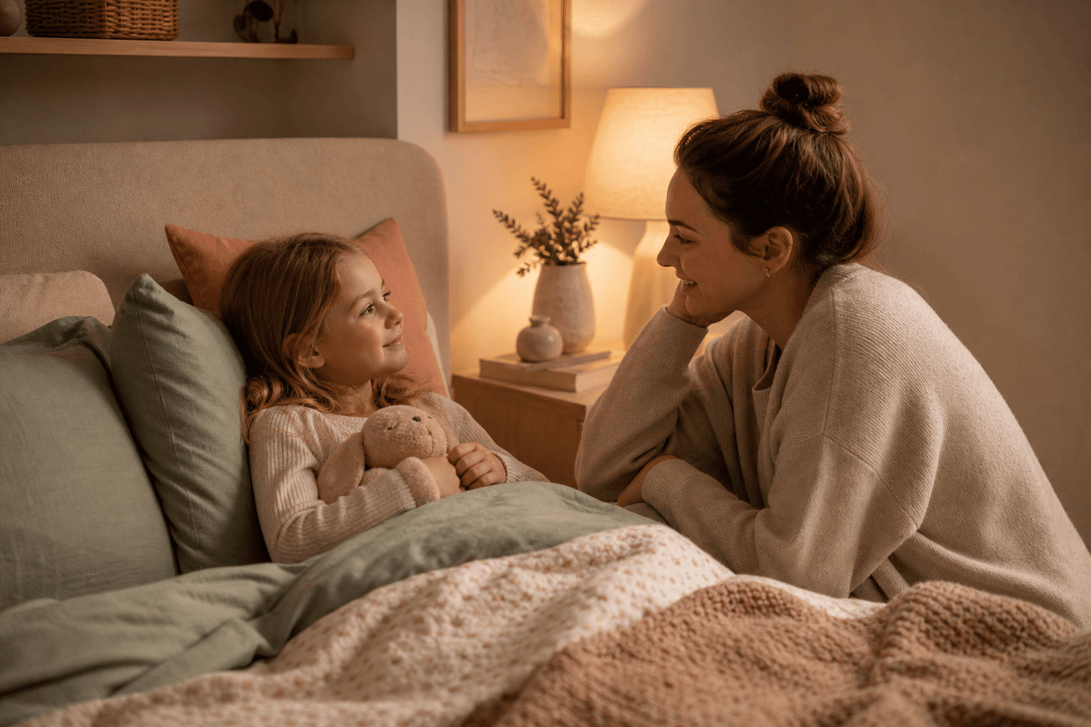 Parent sitting beside a child during a calm bedtime conversation.