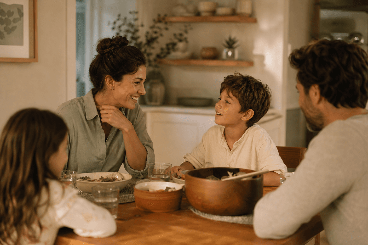 Parent and child having a relaxed dinner table conversation.
