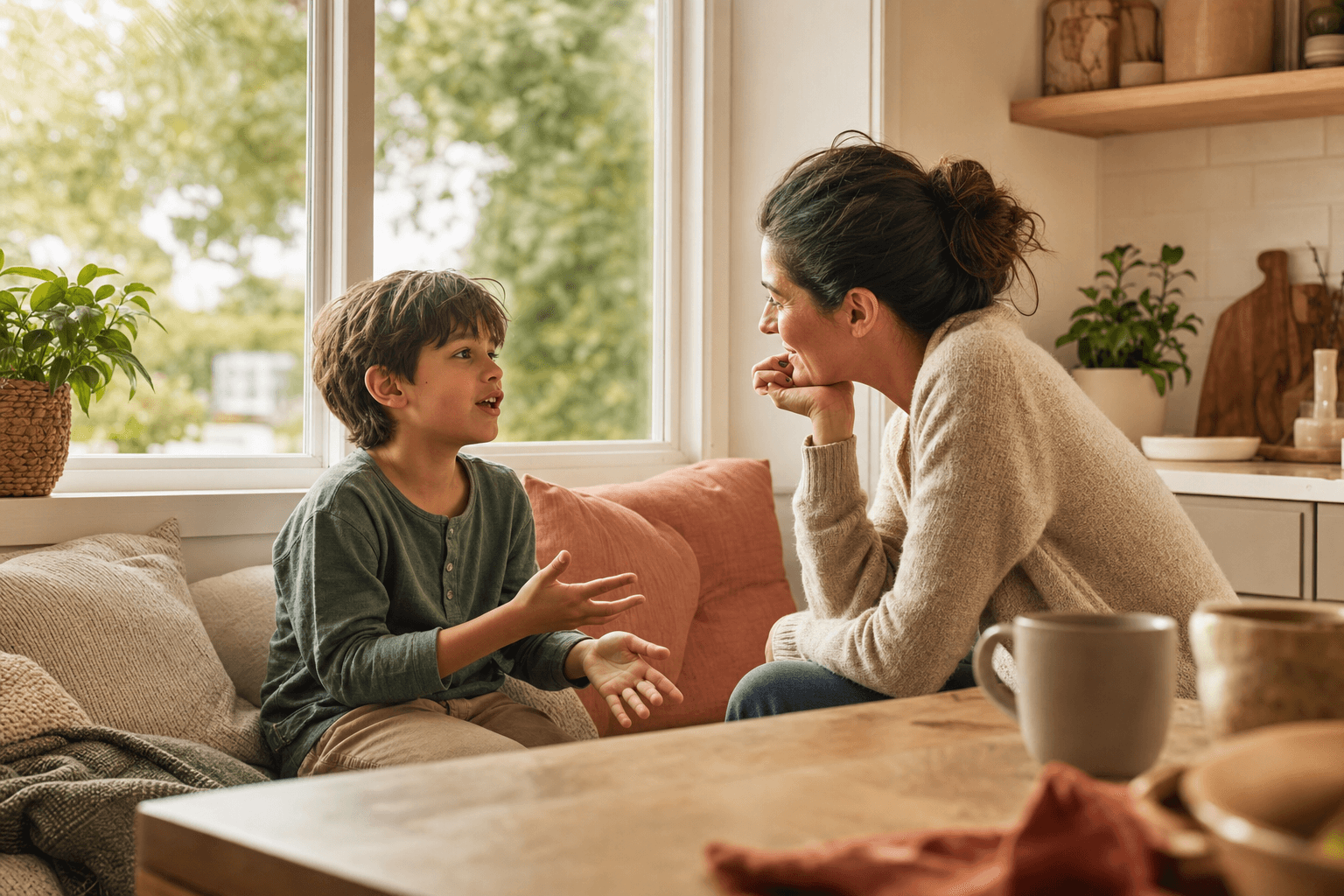 Child beginning to open up to a parent in a relaxed home moment
