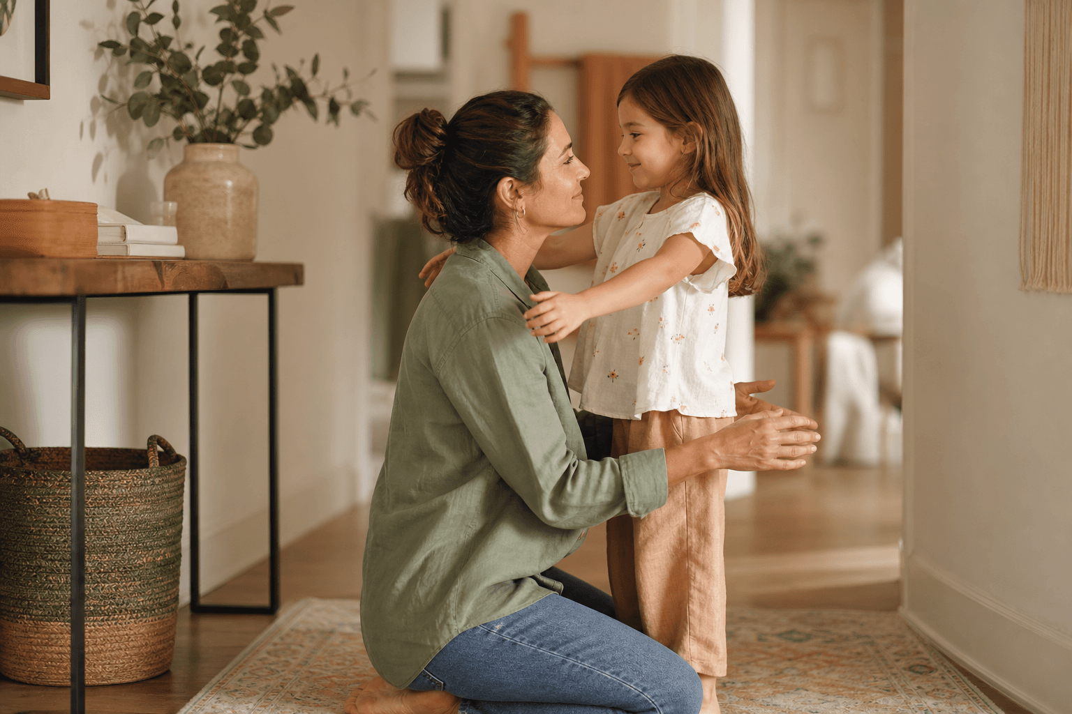 Parent kneeling to a child's level for a gentle reconnection