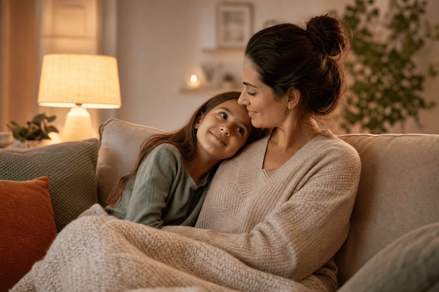 Child leaning comfortably against a parent while they talk