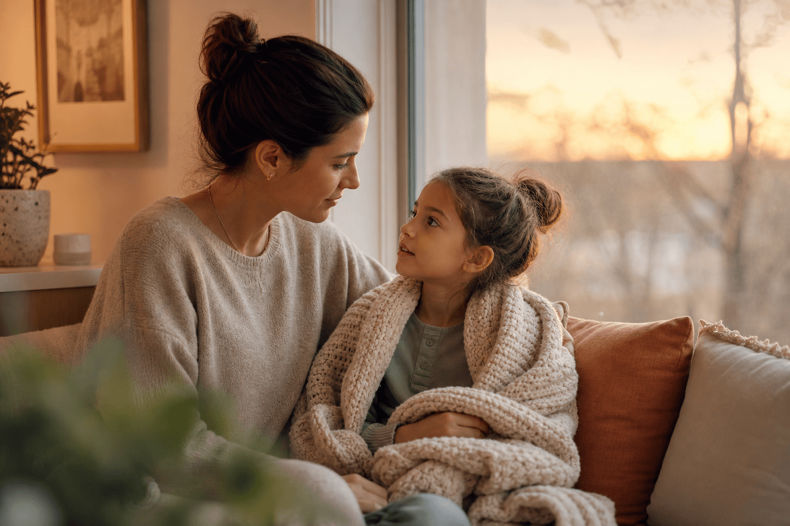 Parent reassuring a child wrapped in a blanket during a quiet talk