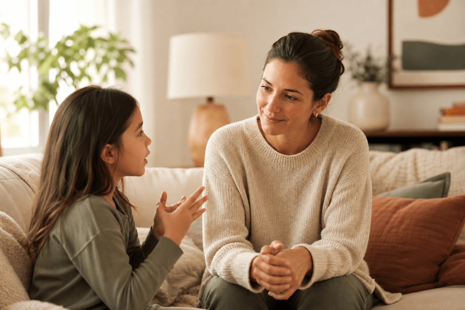 Parent listening closely as their child talks through a feeling